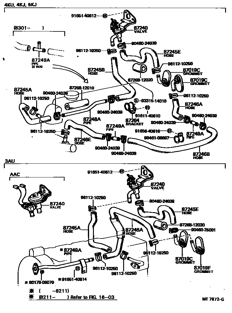 Toyota COROLLA 暖风和空调系统 - 水管 EPC diagram — ME7872G