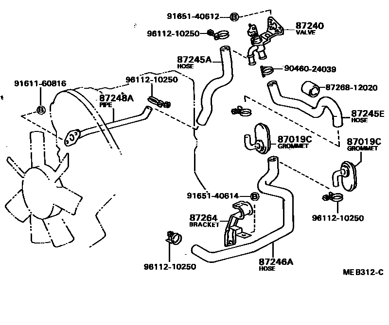 Toyota COROLLA 暖风和空调系统 - 水管 EPC diagram — MEB312C