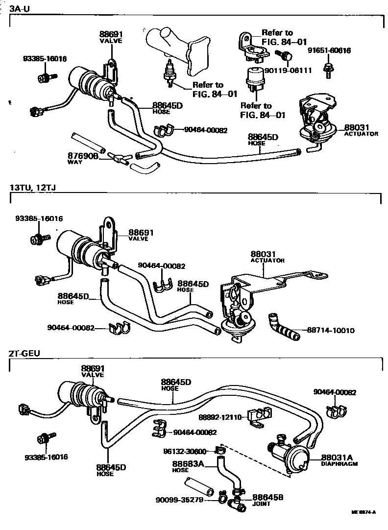 Toyota COROLLA 暖风和空调系统 - 真空管 EPC diagram — ME8874A