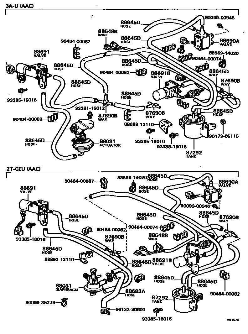 Toyota COROLLA 暖风和空调系统 - 真空管 EPC diagram — MEB076