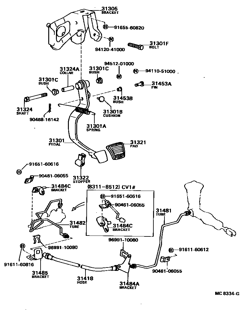 Toyota CAMRY 离合器踏板和挠性软管 EPC diagram — MC8334G
