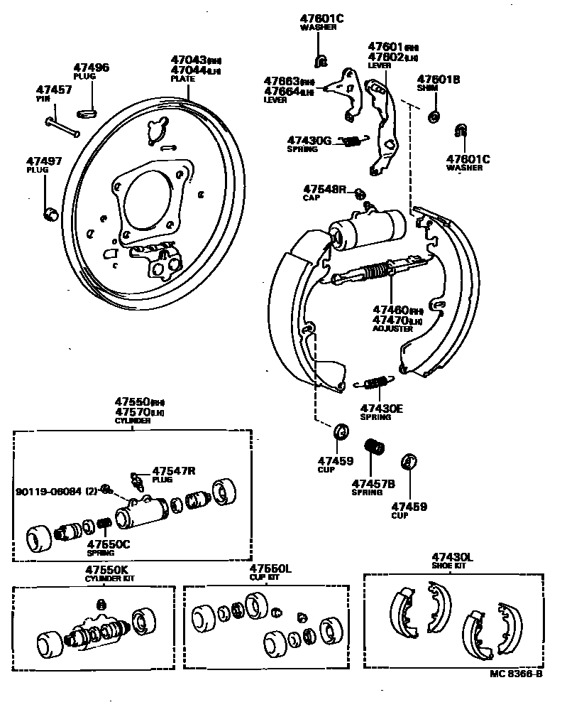 Toyota CAMRY 后鼓式制动器分泵和底板 EPC diagram — MC8366B