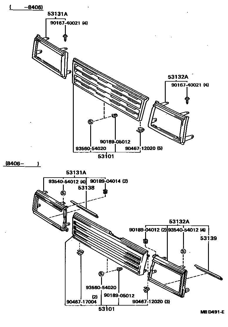Toyota CAMRY radiator grille EPC diagram — MBD491E