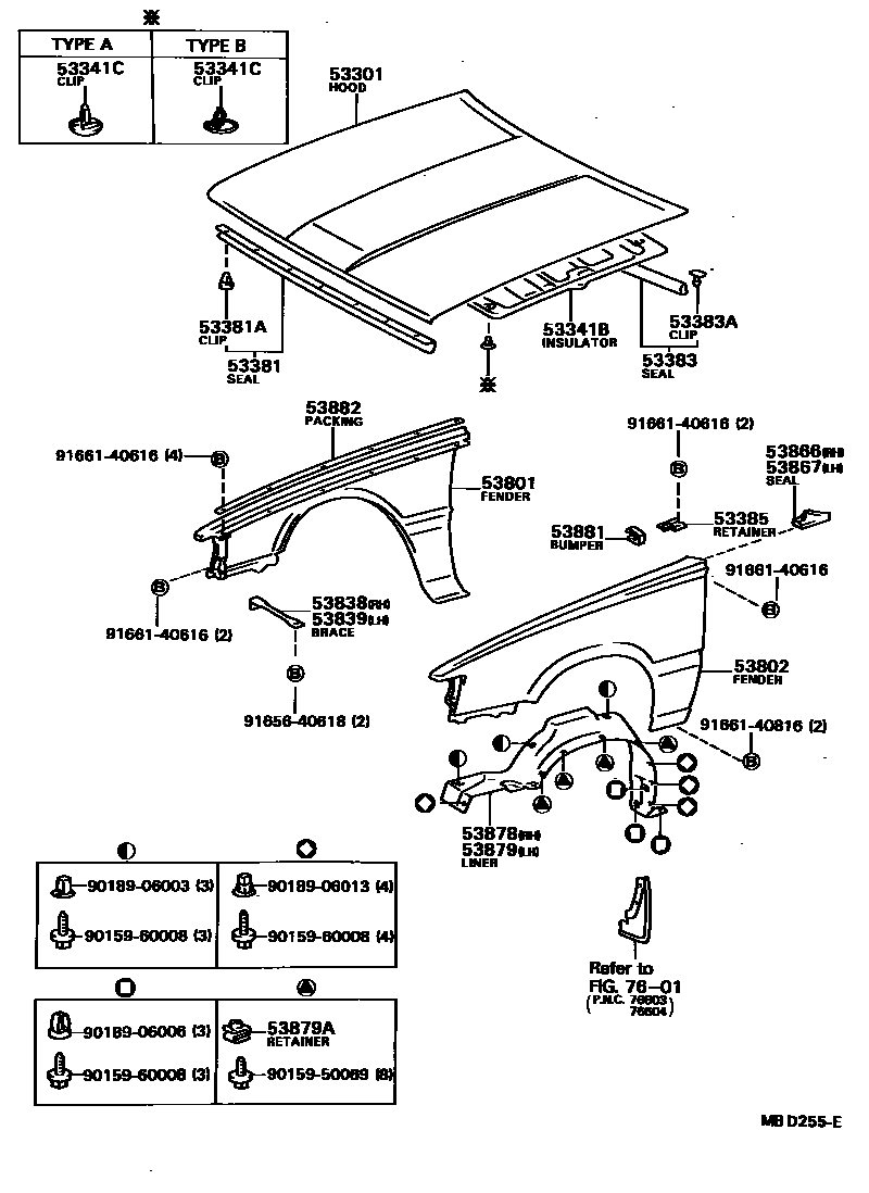 Toyota CAMRY 发动机盖和前翼子板 EPC diagram — MBD255E