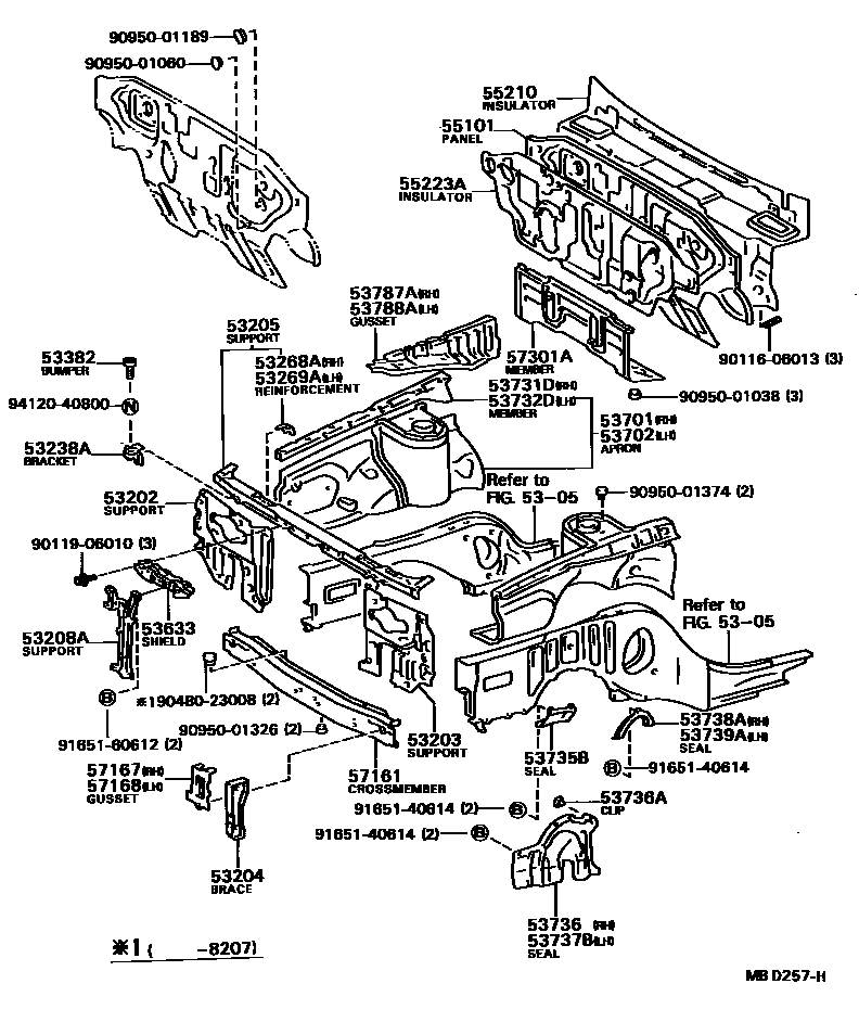Toyota CAMRY 前翼子板挡泥板和前围板 EPC diagram — MBD257H