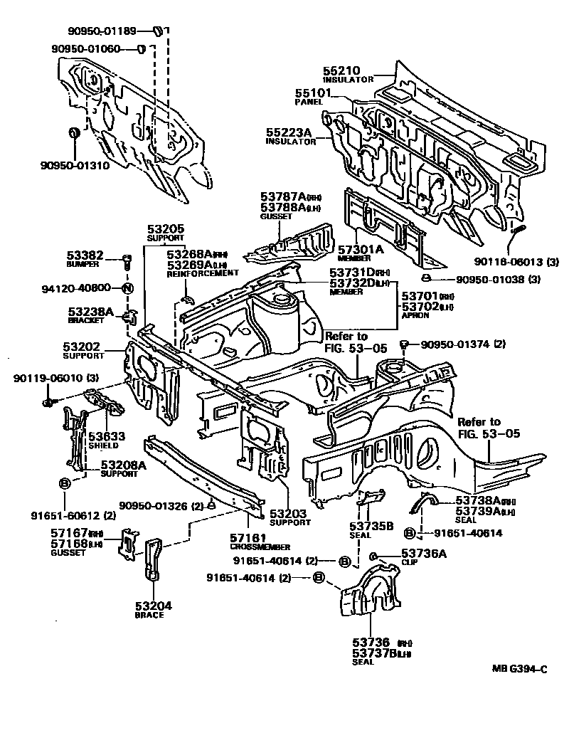 Toyota CAMRY 前翼子板挡泥板和前围板 EPC diagram — MBG394C