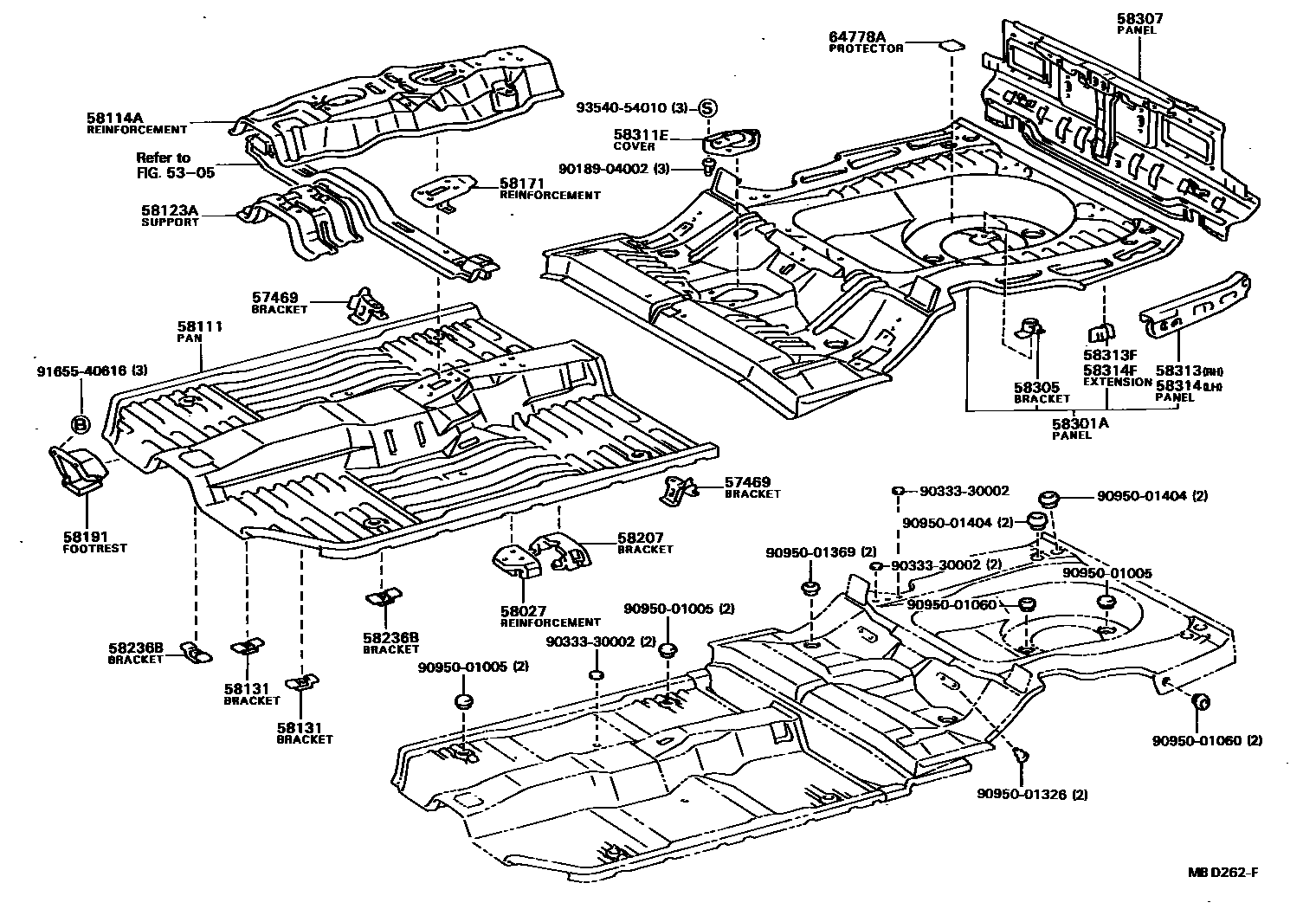 Toyota CAMRY 浅盘形地板和车身下背板 EPC diagram — MBD262F