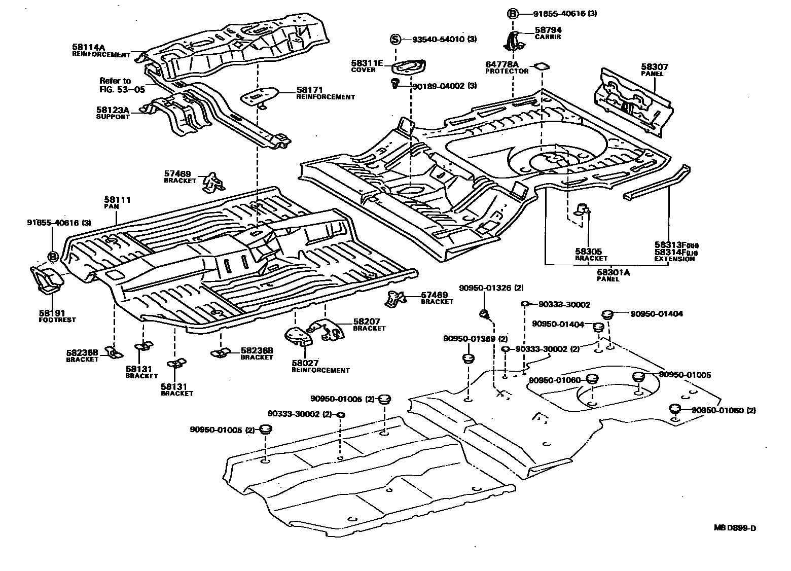 Toyota CAMRY 浅盘形地板和车身下背板 EPC diagram — MBD899D