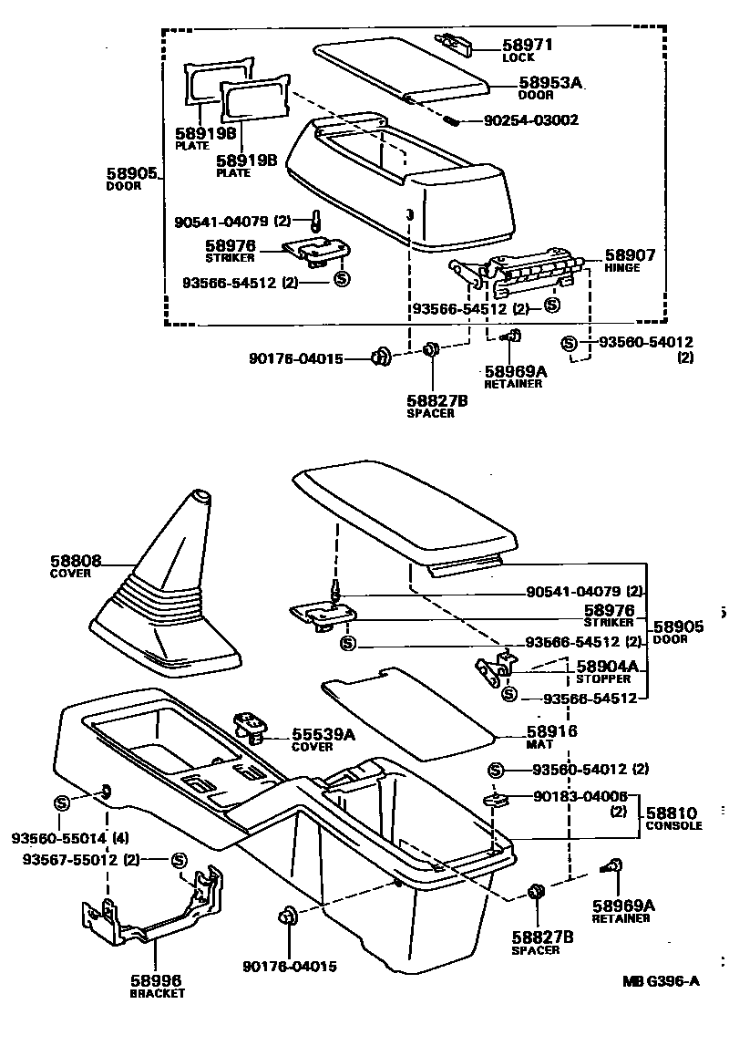 Toyota CAMRY 中央扶手箱和支架 EPC diagram — MBG396A