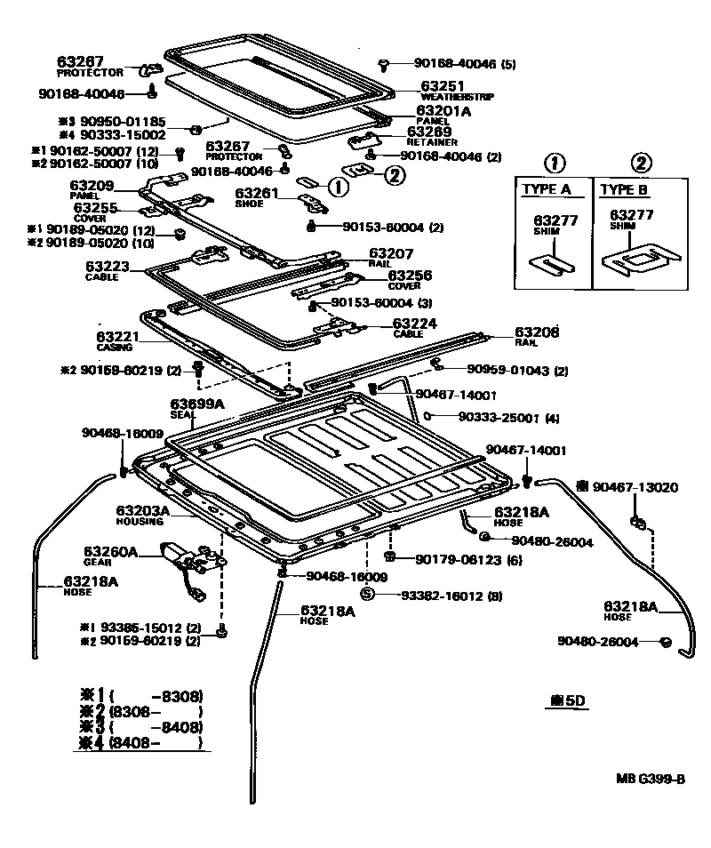 Toyota CAMRY 天窗板和背窗玻璃 EPC diagram — MBG399B