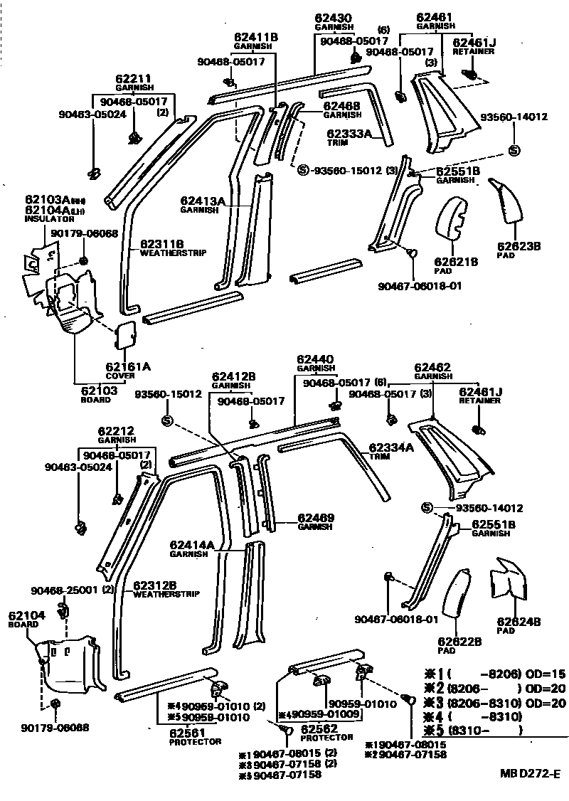 Toyota CAMRY 内饰板和车门防水胶条 EPC diagram — MBD272E