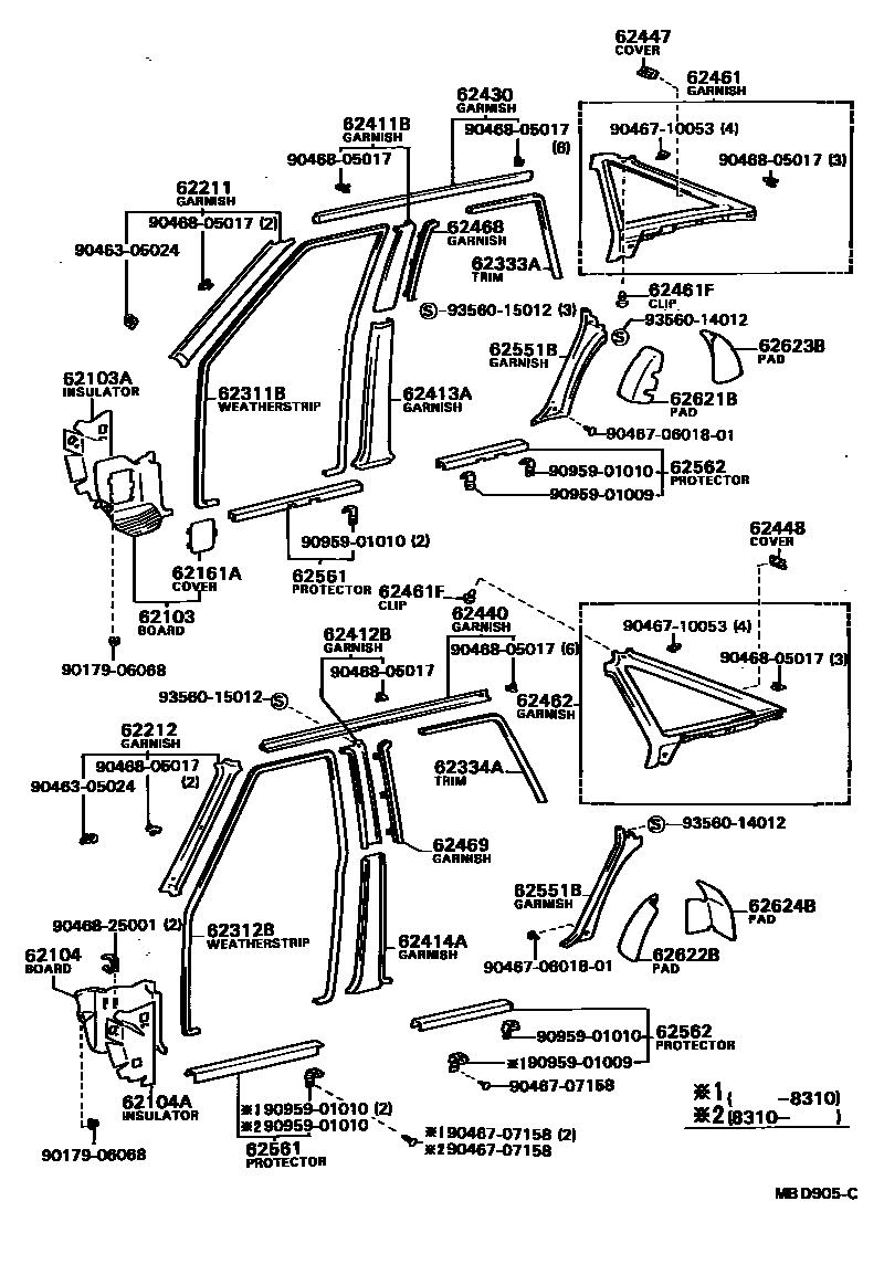 Toyota CAMRY 内饰板和车门防水胶条 EPC diagram — MBD905C