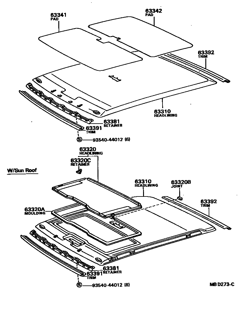 Toyota CAMRY 车顶内衬和消声垫 EPC diagram — MBD273C