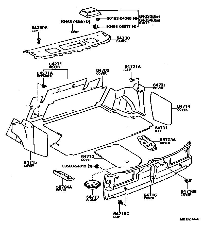 Toyota CAMRY 杂物箱板和行李箱垫 EPC diagram — MBD274C