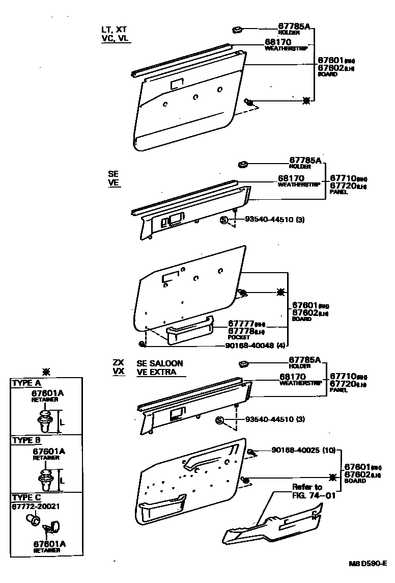 Toyota CAMRY 前门板和前门玻璃 EPC diagram — MBD590E