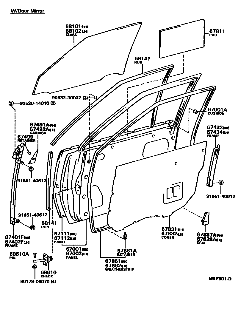 Toyota CAMRY 前门板和前门玻璃 EPC diagram — MBE301D