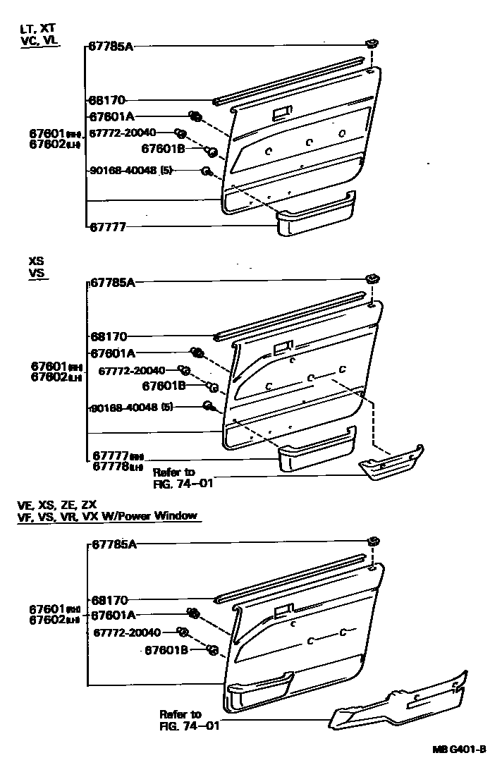 Toyota CAMRY 前门板和前门玻璃 EPC diagram — MBG401B