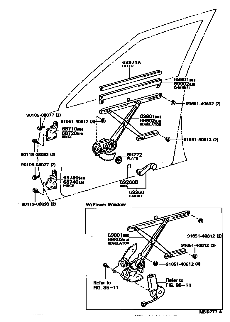 Toyota CAMRY 前门车窗升降器和合页 EPC diagram — MBD277A