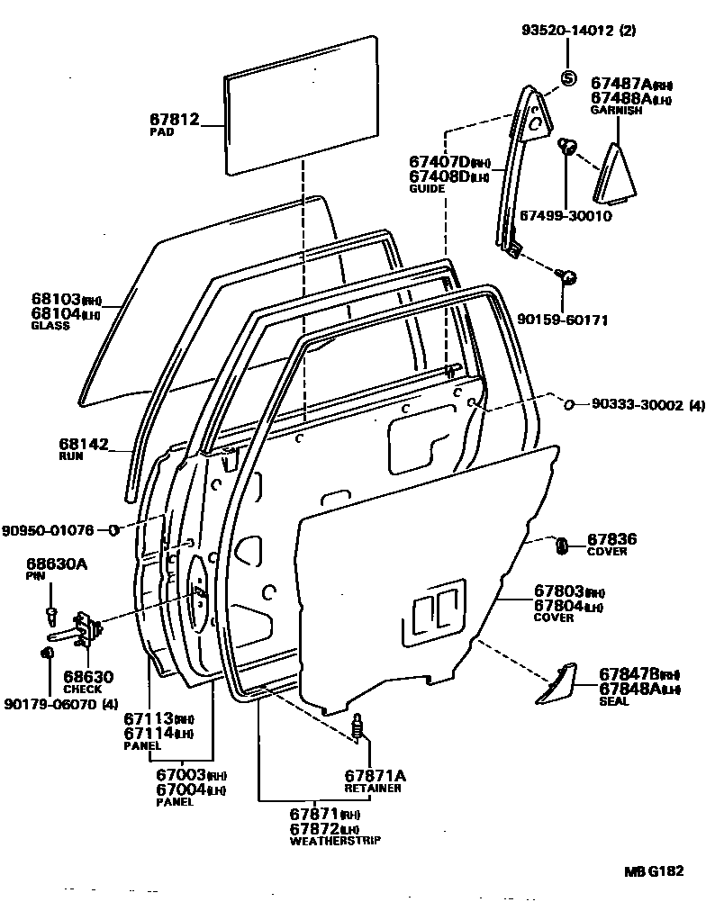 Toyota CAMRY 后门板和后门玻璃 EPC diagram — MBG182