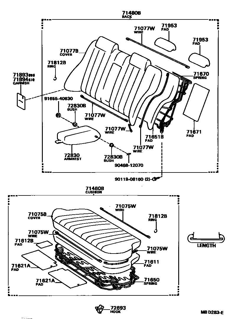 Toyota CAMRY 后排座椅和座椅滑轨 EPC diagram — MBD283E
