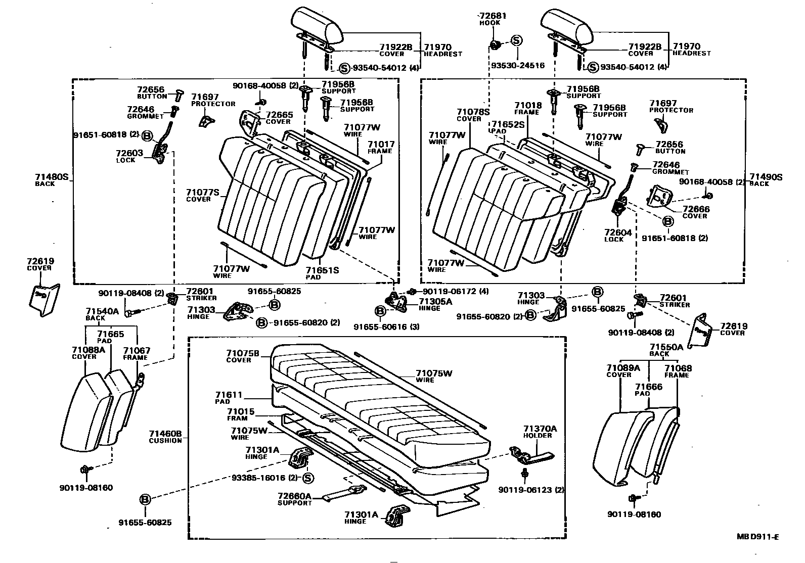Toyota CAMRY 后排座椅和座椅滑轨 EPC diagram — MBD911E