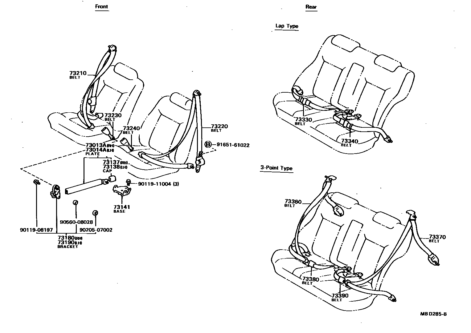 Toyota CAMRY 安全带和儿童保护座椅 EPC diagram — MBD285B