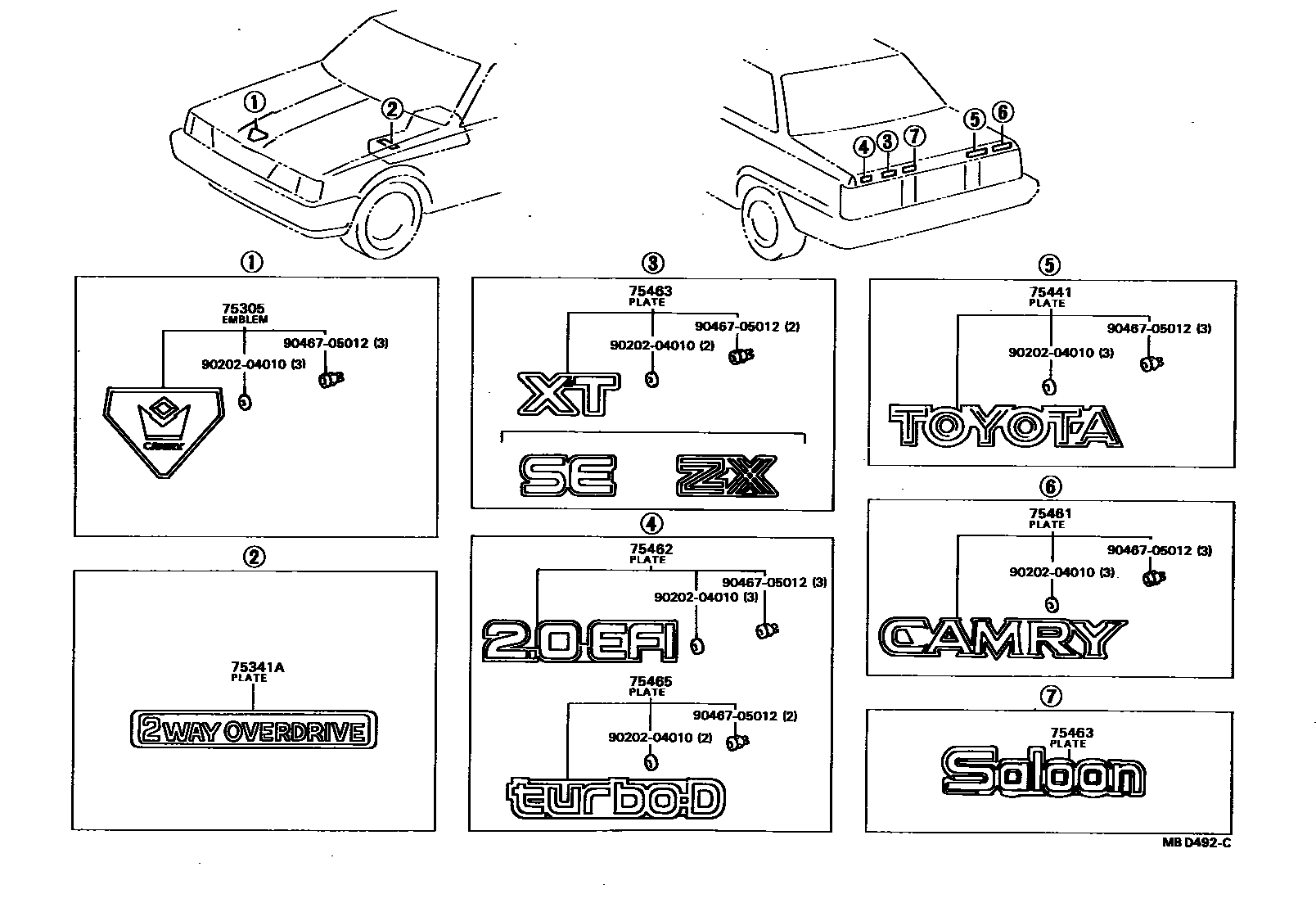 Toyota CAMRY 丰田徽标和铭牌(车外和车内) EPC diagram — MBD492C