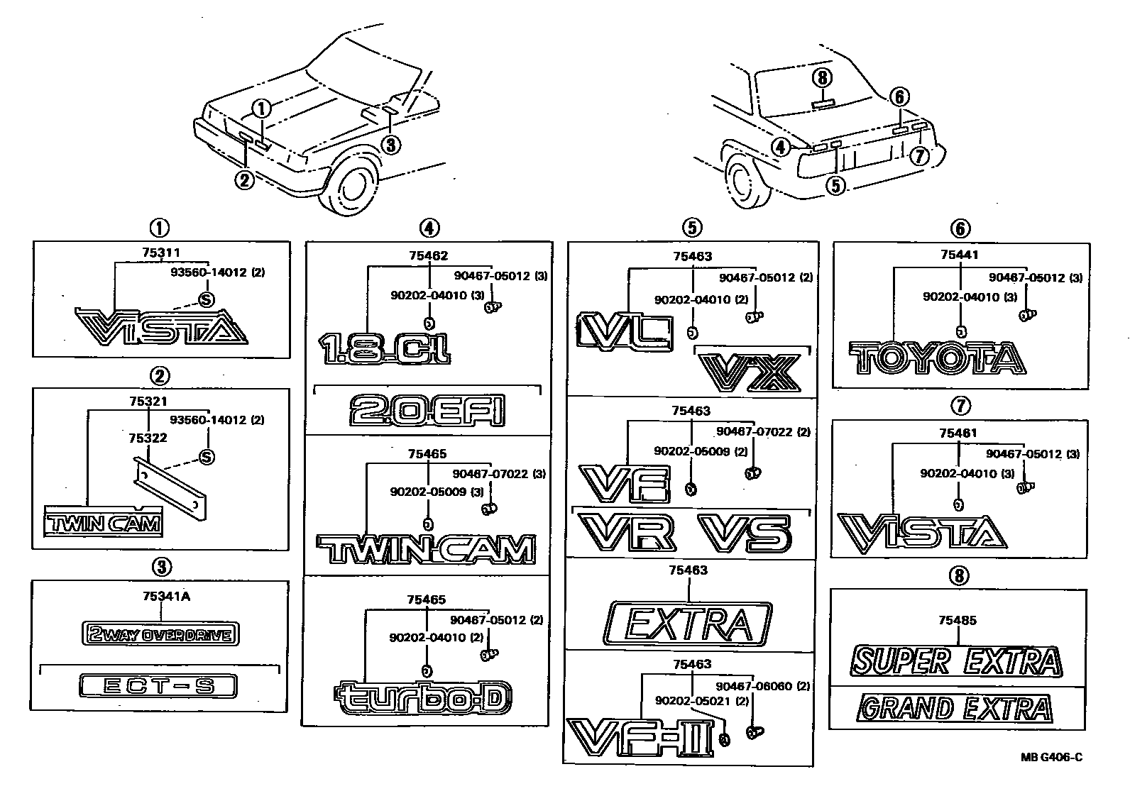 Toyota CAMRY 丰田徽标和铭牌(车外和车内) EPC diagram — MBG406C