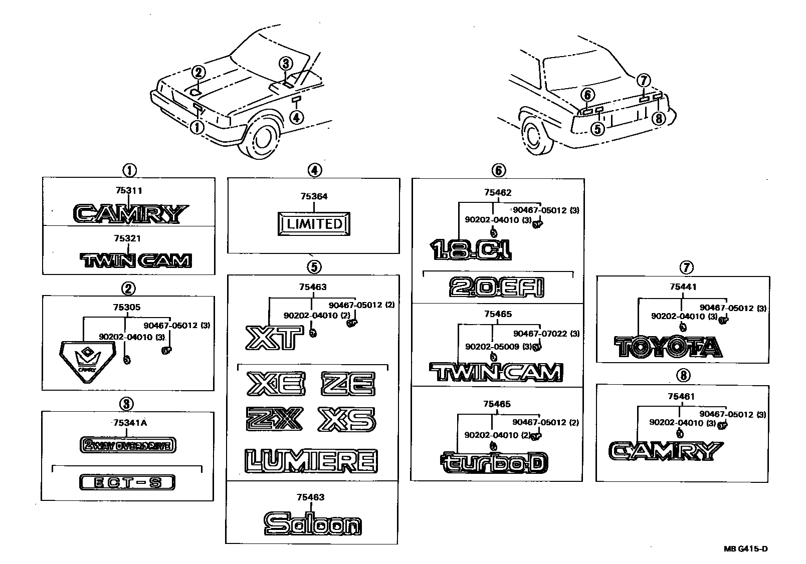 Toyota CAMRY 丰田徽标和铭牌(车外和车内) EPC diagram — MBG415D