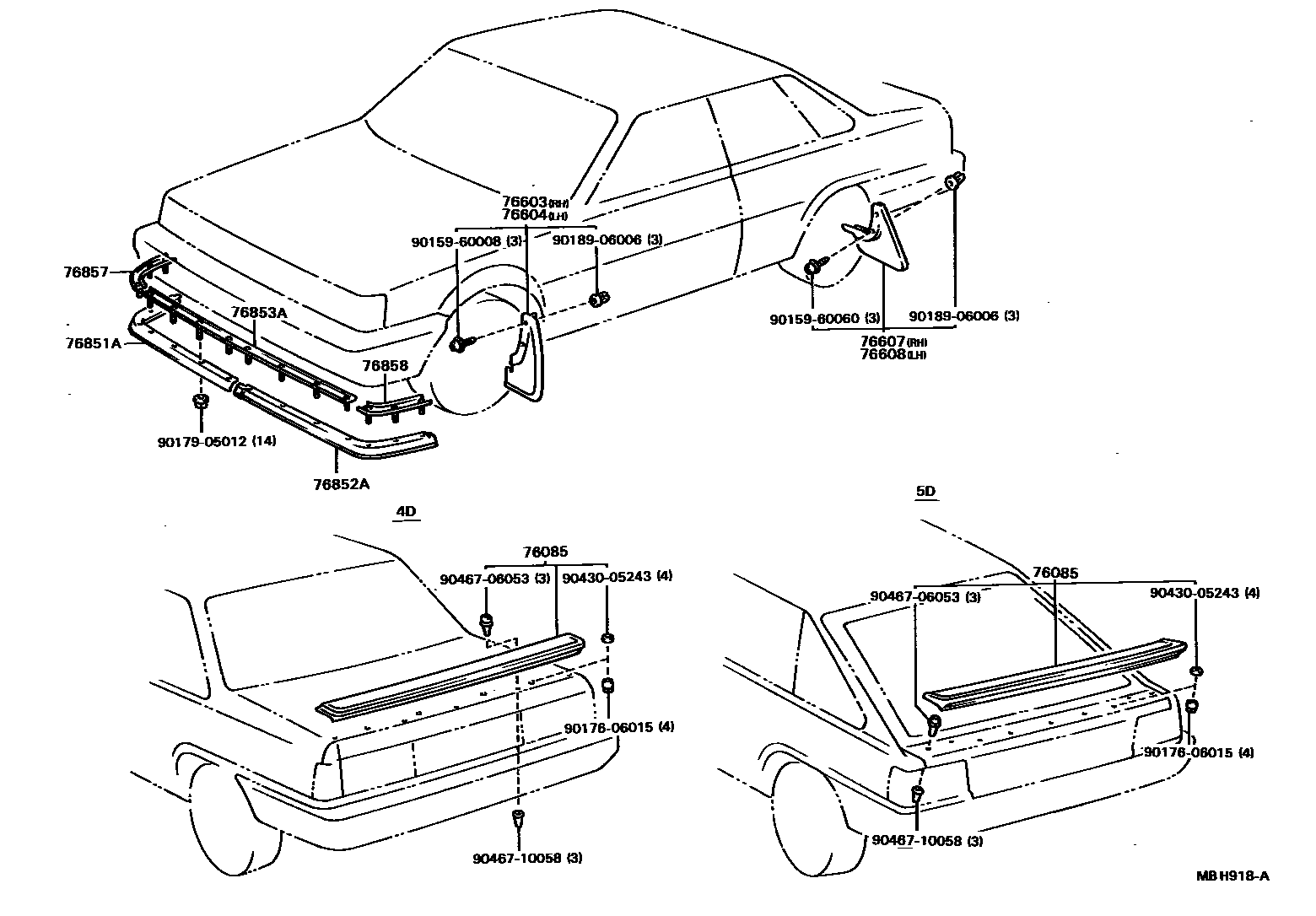 Toyota CAMRY 挡泥板和扰流板 EPC diagram — MBH918A