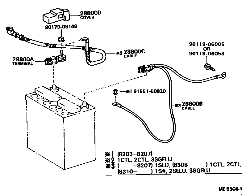 Toyota CAMRY 蓄电池和蓄电池电缆 EPC diagram — MEB508E