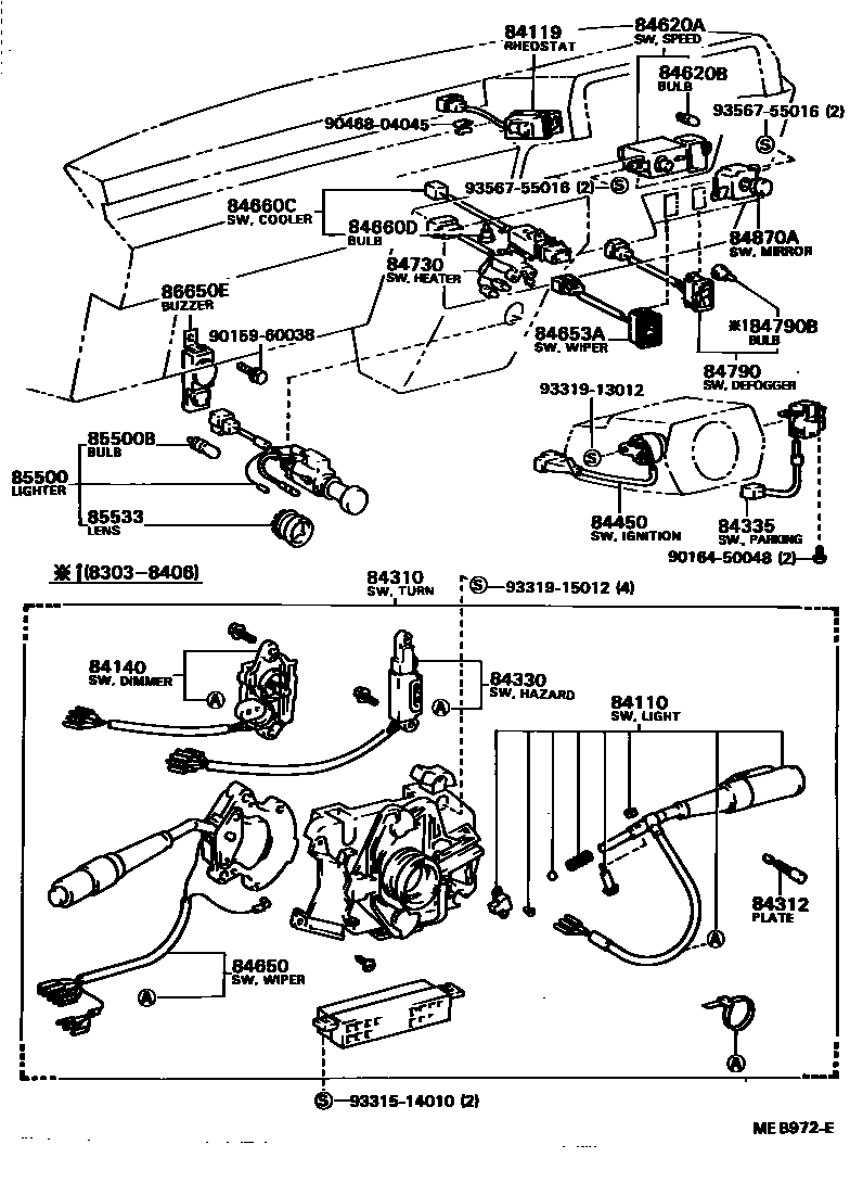 Toyota CAMRY 开关和继电器和ECU EPC diagram — MEB972E