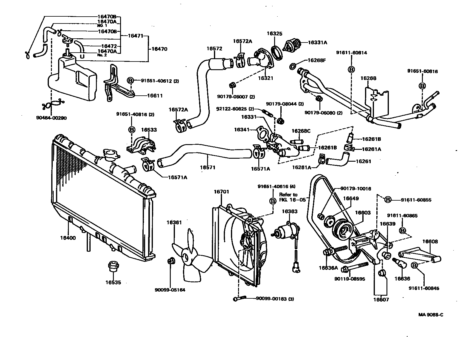 Toyota CAMRY RADIATOR & WATER OUTLET EPC diagram — MA9088C