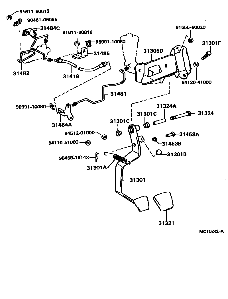 Toyota CAMRY 离合器踏板和挠性软管 EPC diagram — MCD532A