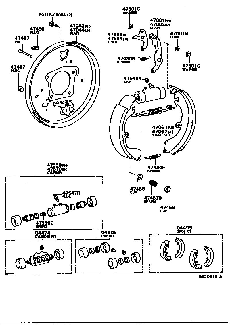 Toyota CAMRY 后鼓式制动器分泵和底板 EPC diagram — MCD615A