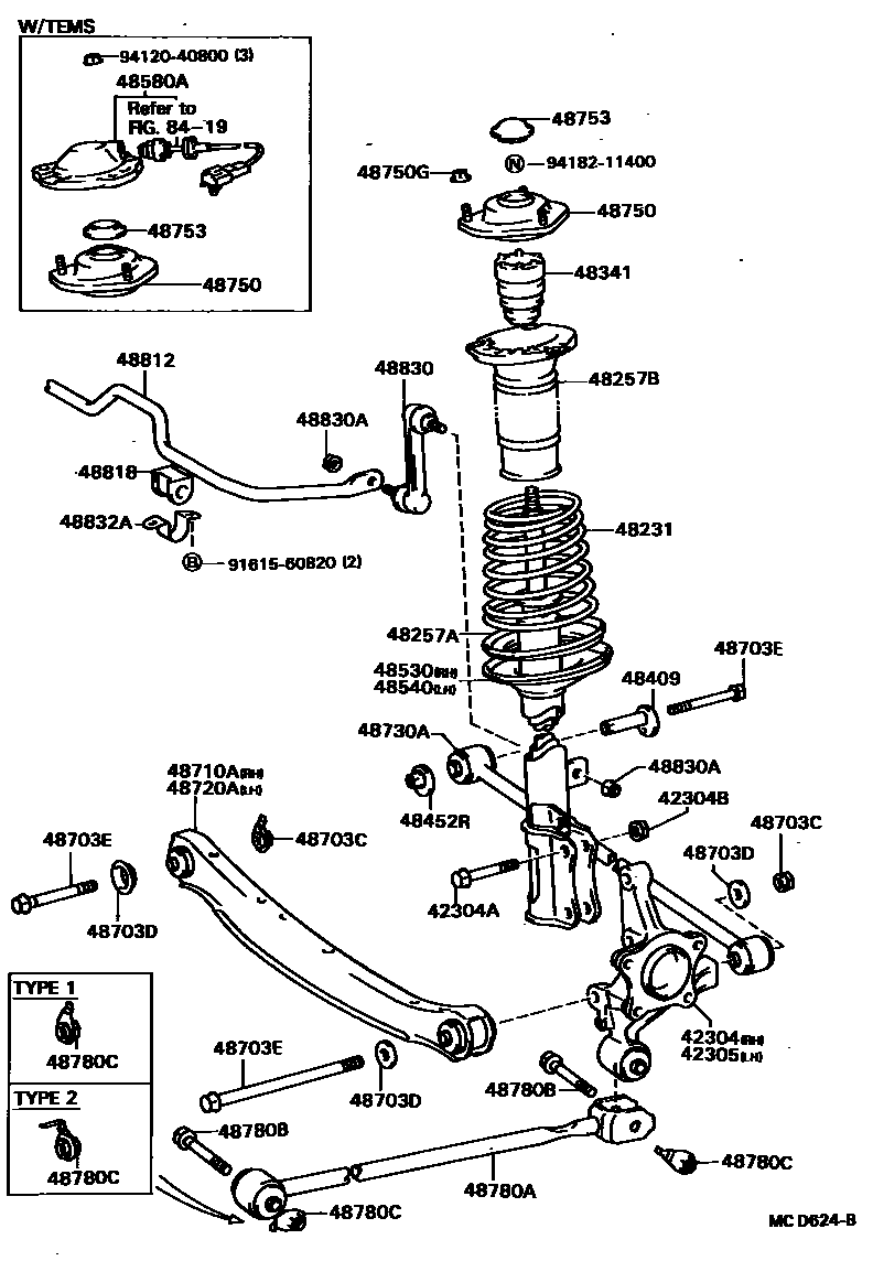 Toyota CAMRY Rear Spring & Shock Absorber EPC diagram — MCD624B