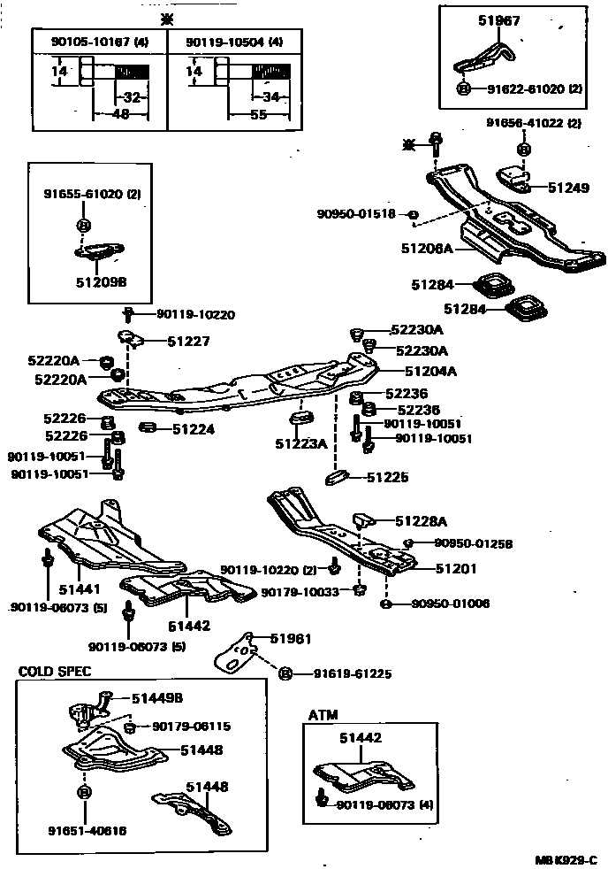 Toyota CAMRY 悬架横梁和发动机底罩 EPC diagram — MBK929C