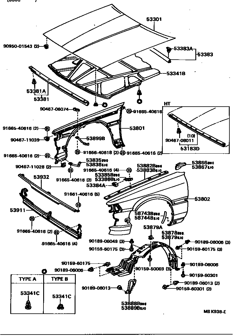Toyota CAMRY 发动机盖和前翼子板 EPC diagram — MBK938E