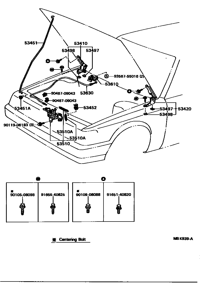 Toyota CAMRY 发动机盖锁和铰链 EPC diagram — MBK939A