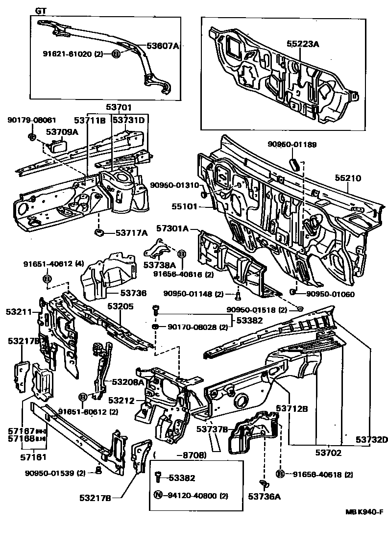 Toyota CAMRY 前翼子板挡泥板和前围板 EPC diagram — MBK940F