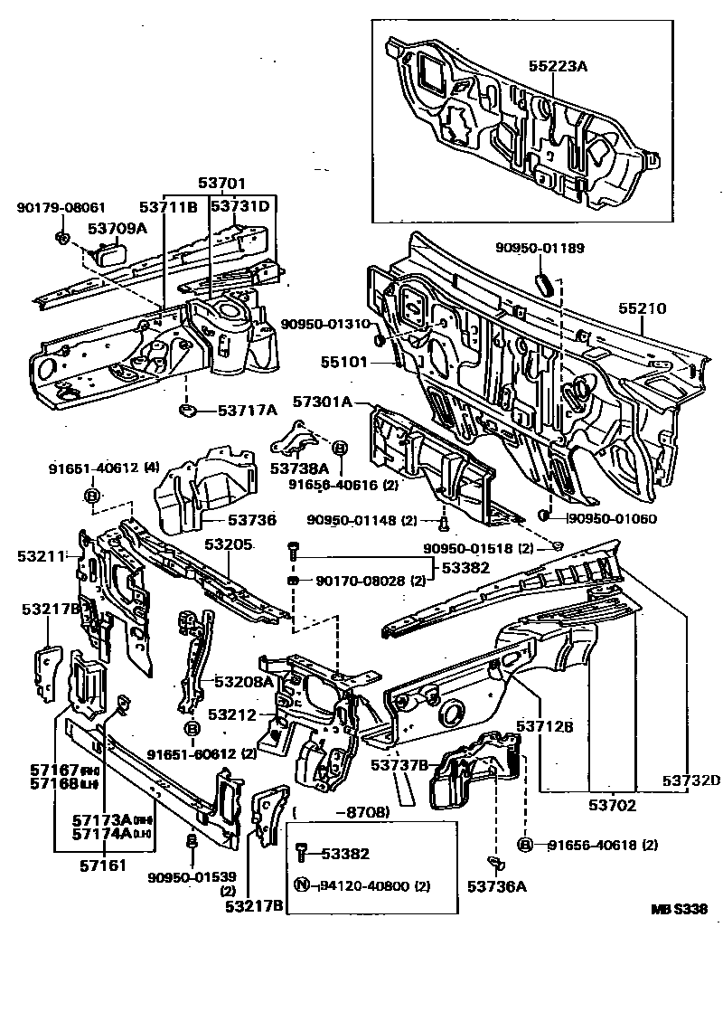 Toyota CAMRY 前翼子板挡泥板和前围板 EPC diagram — MBS338