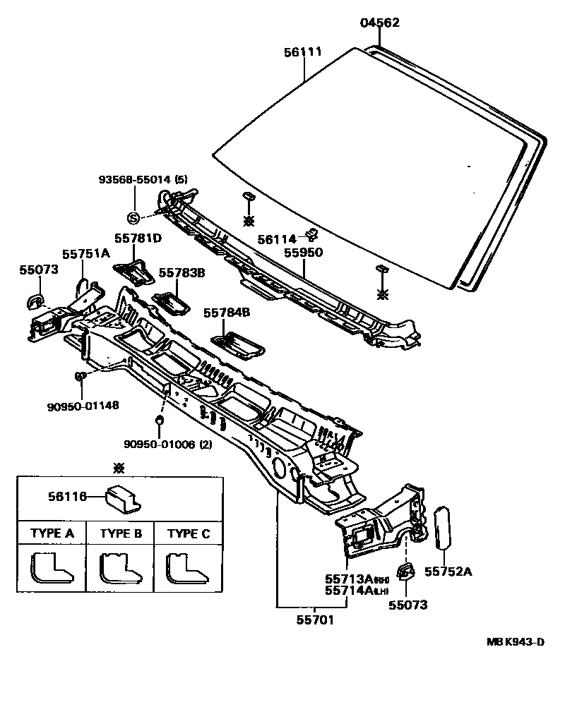 Toyota CAMRY 前围板和挡风玻璃 EPC diagram — MBK943D