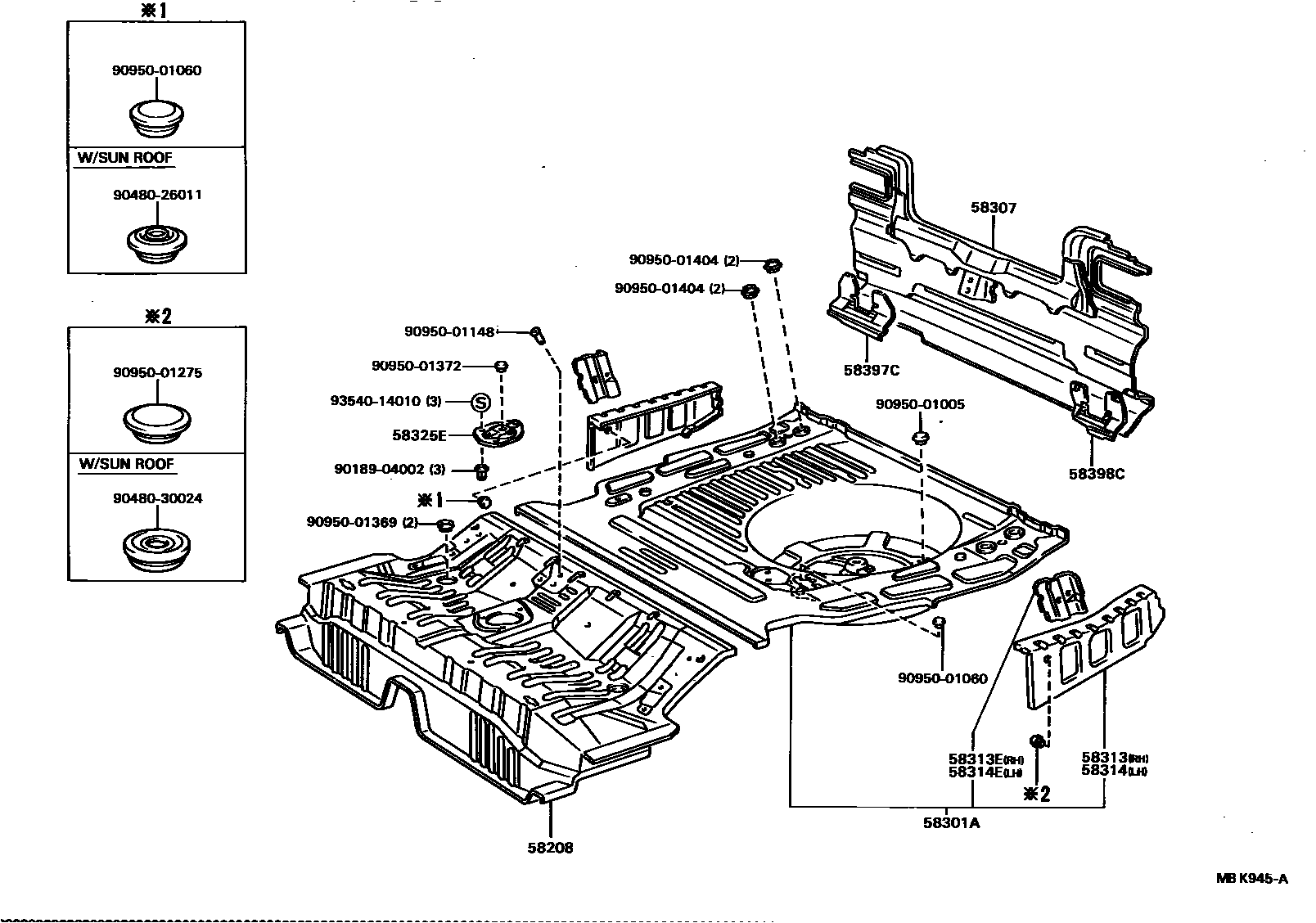 Toyota CAMRY 浅盘形地板和车身下背板 EPC diagram — MBK945A