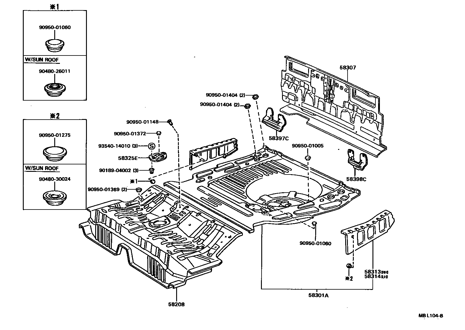 Toyota CAMRY 浅盘形地板和车身下背板 EPC diagram — MBL104B
