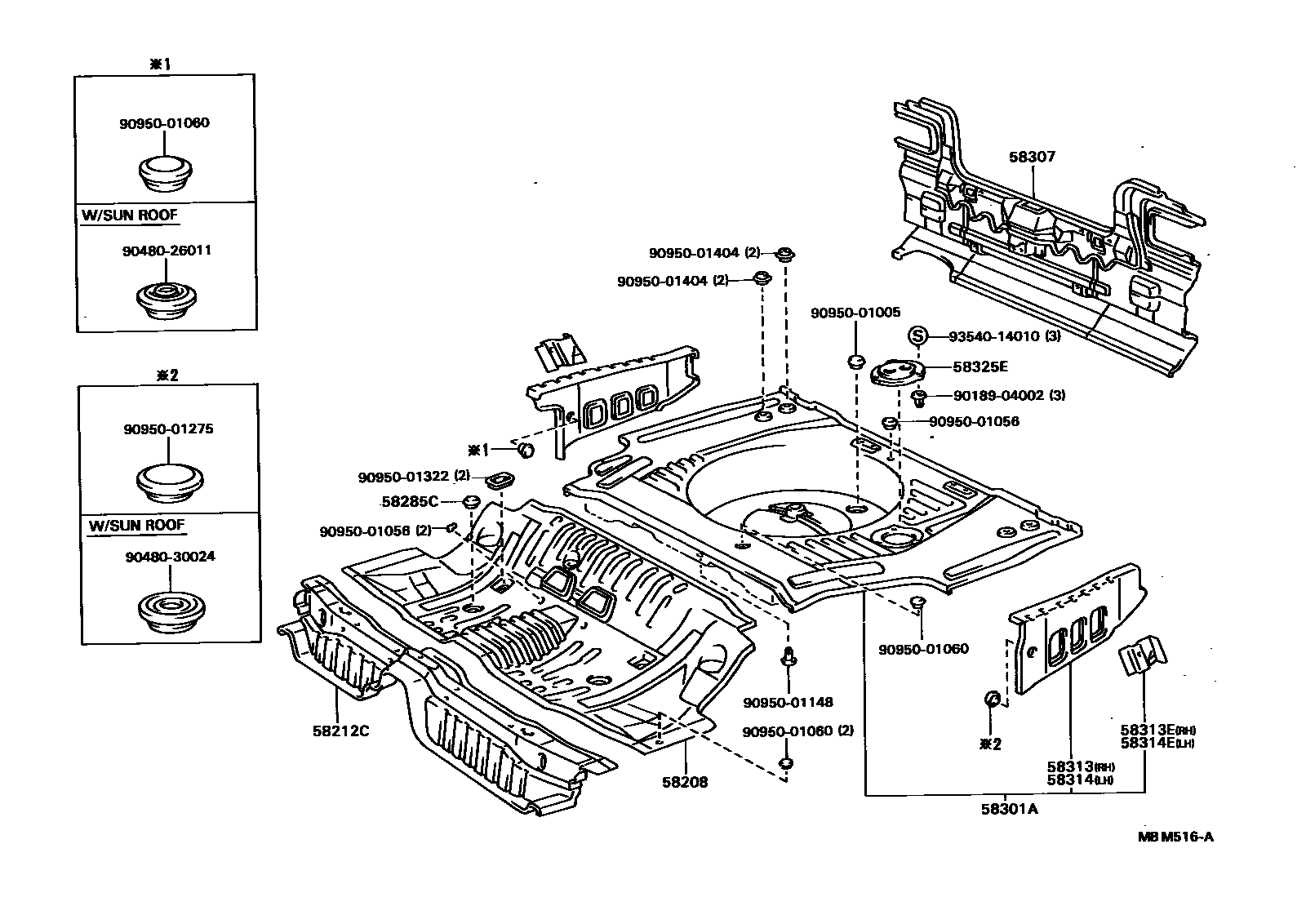 Toyota CAMRY 浅盘形地板和车身下背板 EPC diagram — MBM516A