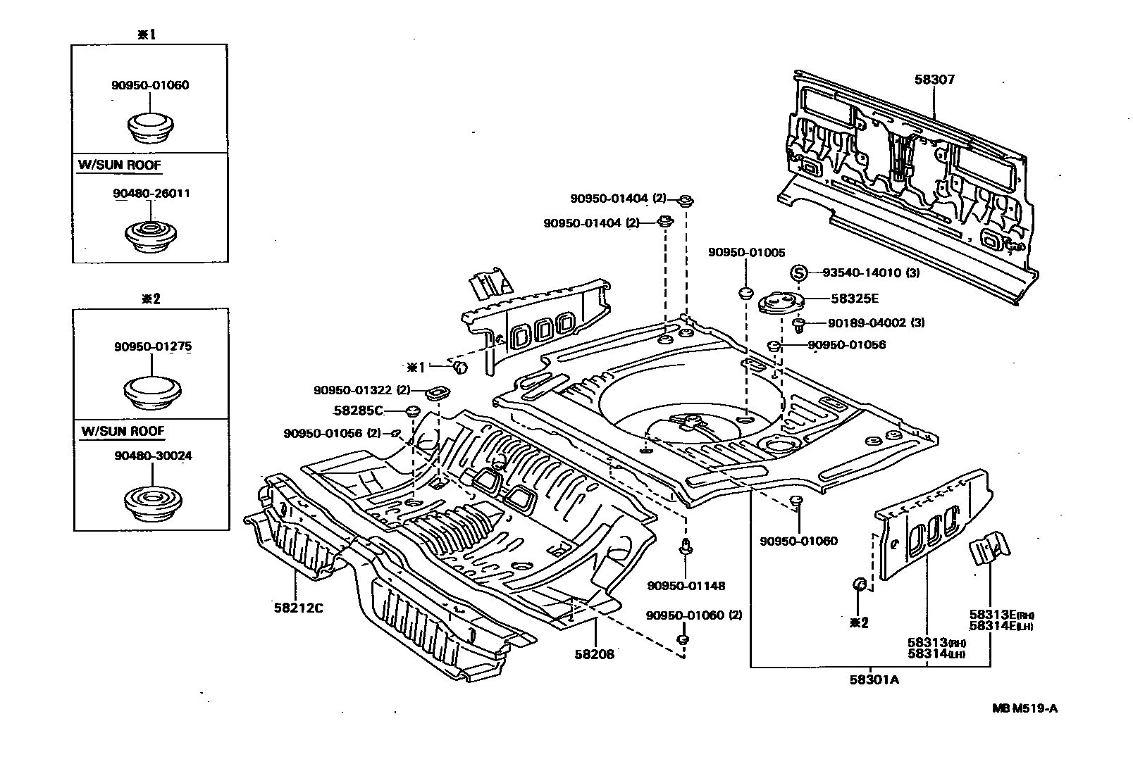 Toyota CAMRY 浅盘形地板和车身下背板 EPC diagram — MBM519A