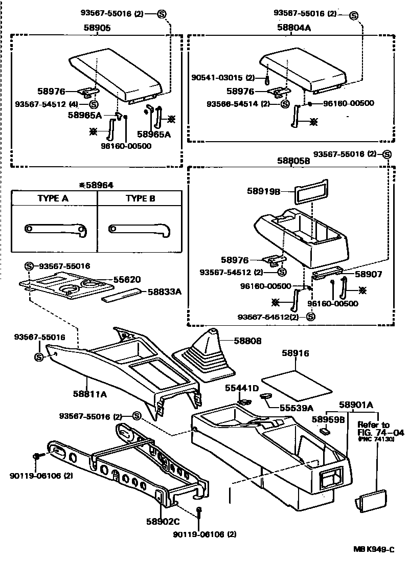 Toyota CAMRY 中央扶手箱和支架 EPC diagram — MBK949C