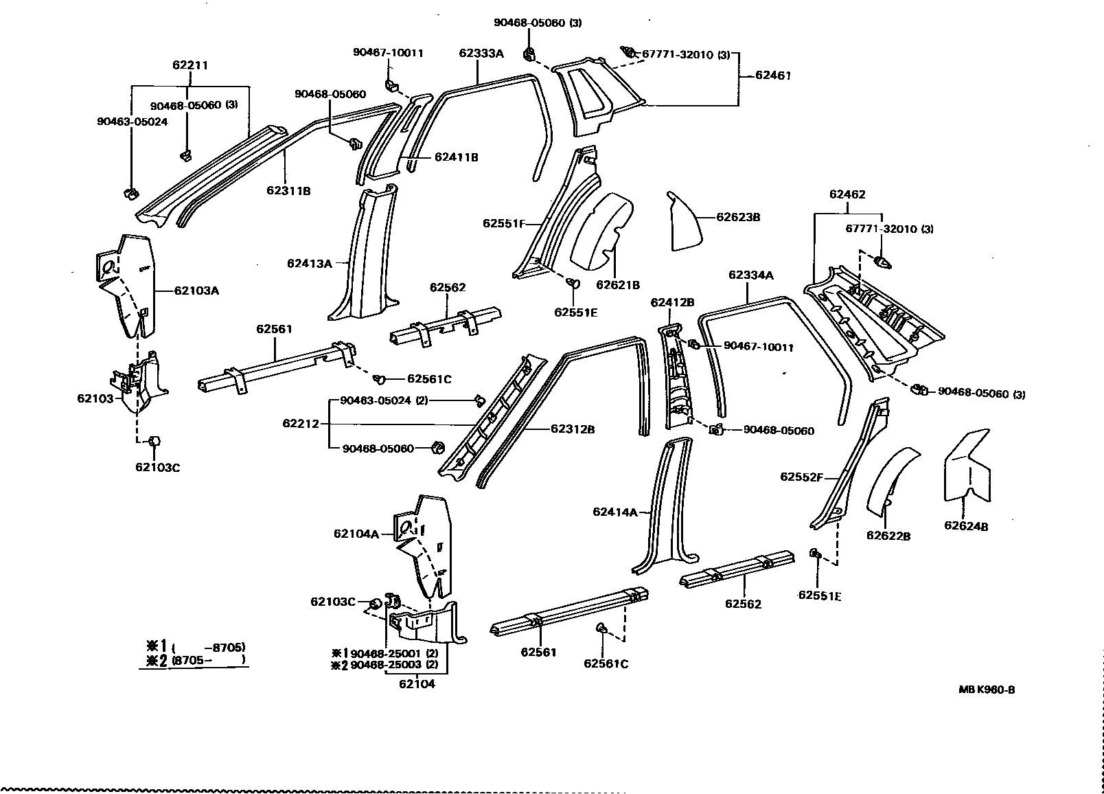 Toyota CAMRY 内饰板和车门防水胶条 EPC diagram — MBK960B