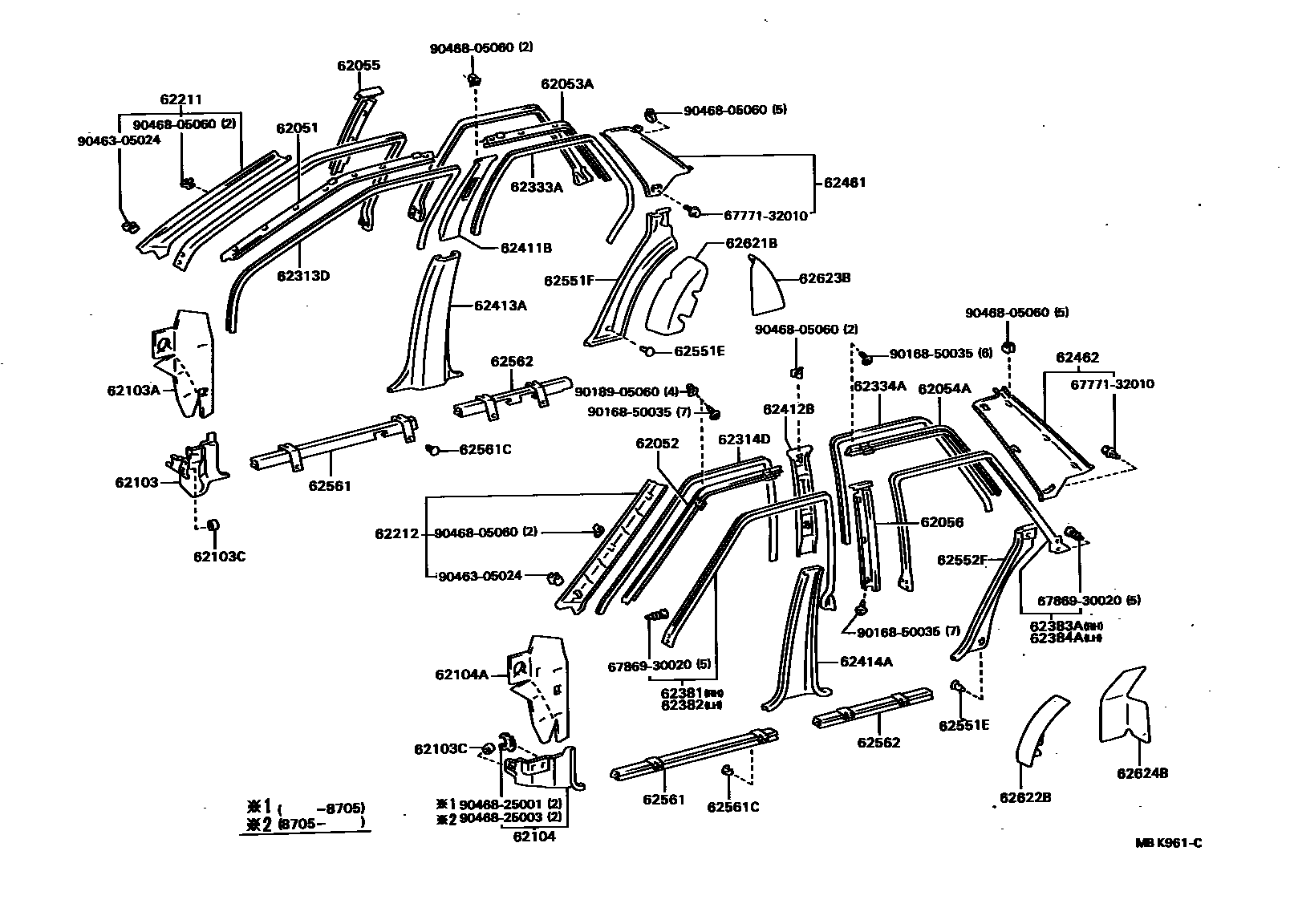 Toyota CAMRY 内饰板和车门防水胶条 EPC diagram — MBK961C