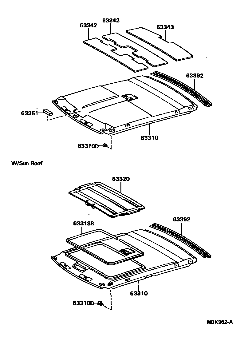 Toyota CAMRY 车顶内衬和消声垫 EPC diagram — MBK962A
